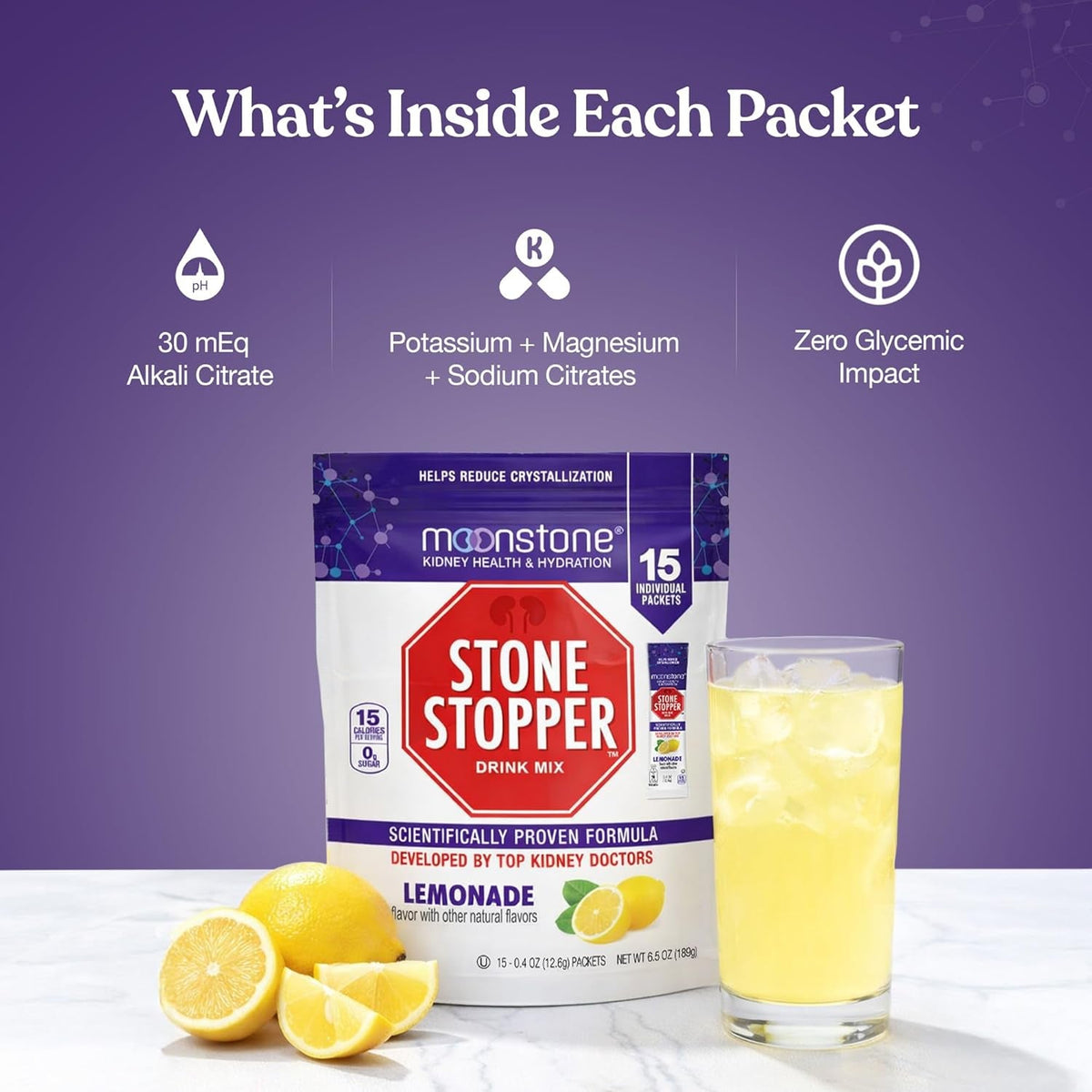 Stone Stopper Drink Mix, Lemonade, Kidney Stone Prevention, Calcium Oxalate Protector, Alkali Citrate Support, Developed by Urologists to Improve Hydration and Support Kidney Health, 15 Day Supply