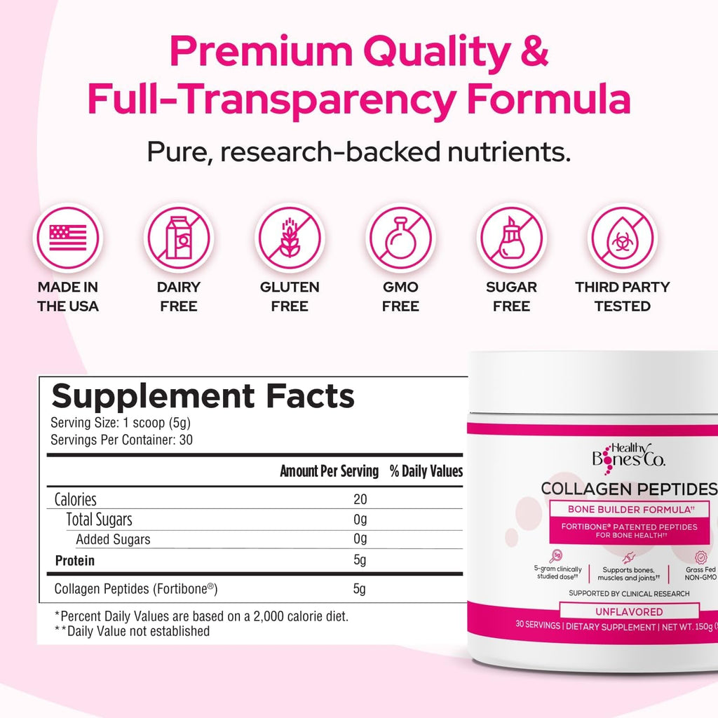 FORTIBONE Collagen Peptides Essential Bone Builder Hydrolyzed Collagen Powder for Women & Men, Clinically-Supported for Bone Strength & Density, Gluten Free & Dairy Free - Unflavored (30 Servings)