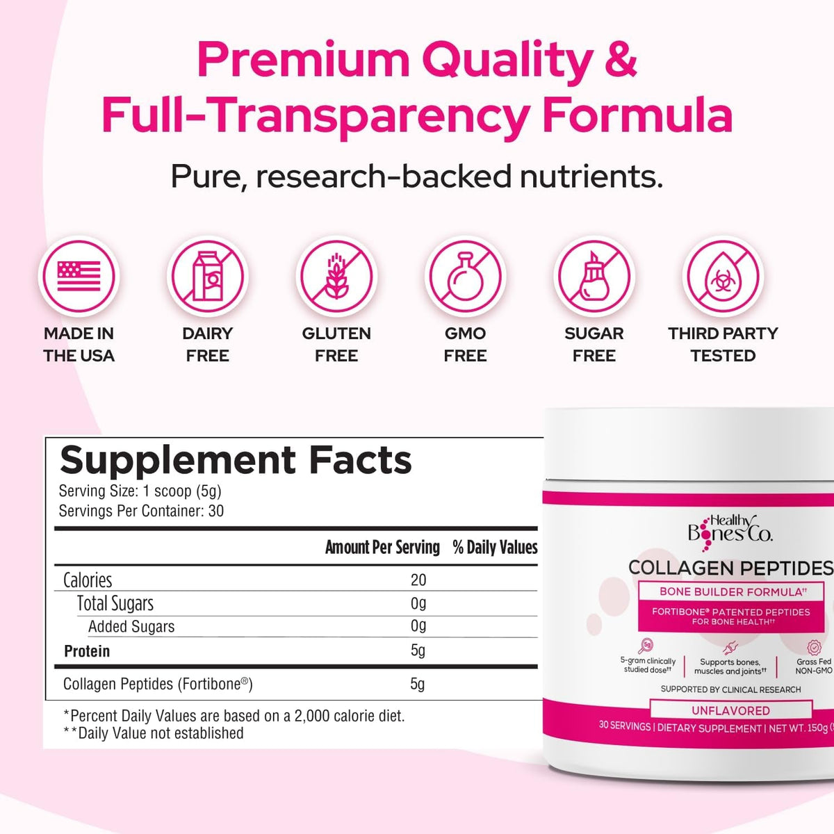 FORTIBONE Collagen Peptides Essential Bone Builder Hydrolyzed Collagen Powder for Women & Men, Clinically-Supported for Bone Strength & Density, Gluten Free & Dairy Free - Unflavored (30 Servings)