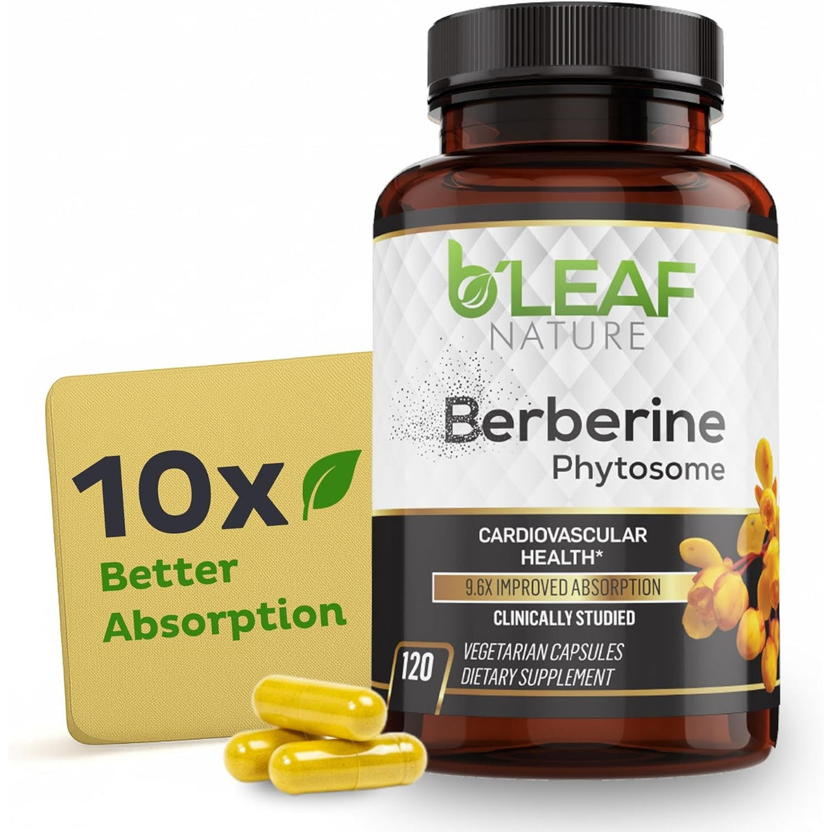 B’Leaf Nature Berberine Phytosome, 120 Capsules – 1100Mg Berberine Supplement for Metabolic and Cardiovascular Support – Vegan, Gluten-Free, Non-Gmo Berberine Phytosome Capsules for Immune Wellness