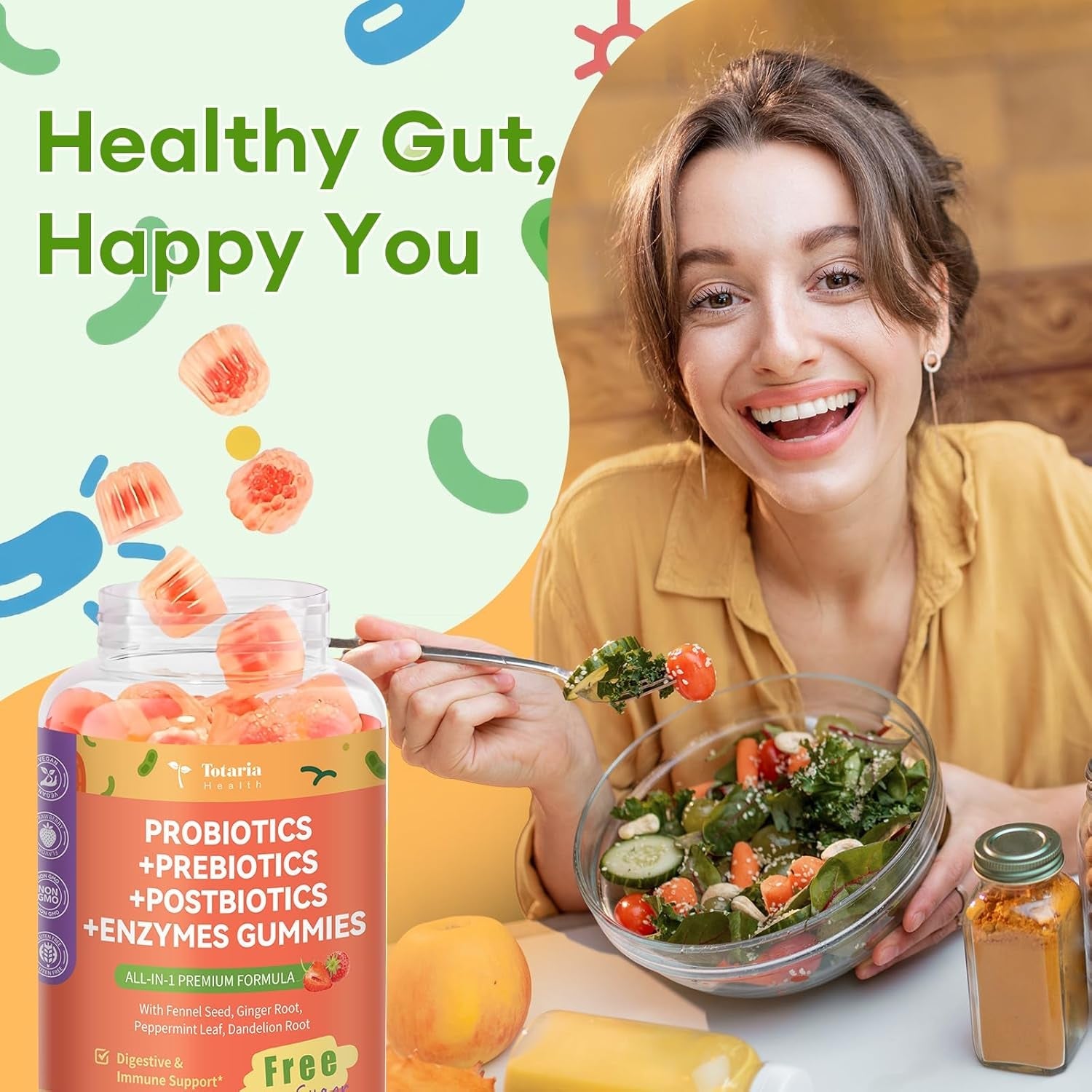 Totaria Sugar Free 5-In-1 Probiotic Prebiotic Postbiotic Gummy, 36 Strains Probiotics for Women Men with Digestive Enzymes, Peppermint, Complete Immune, Gut & Digestive Support, Vegan, 60 Counts