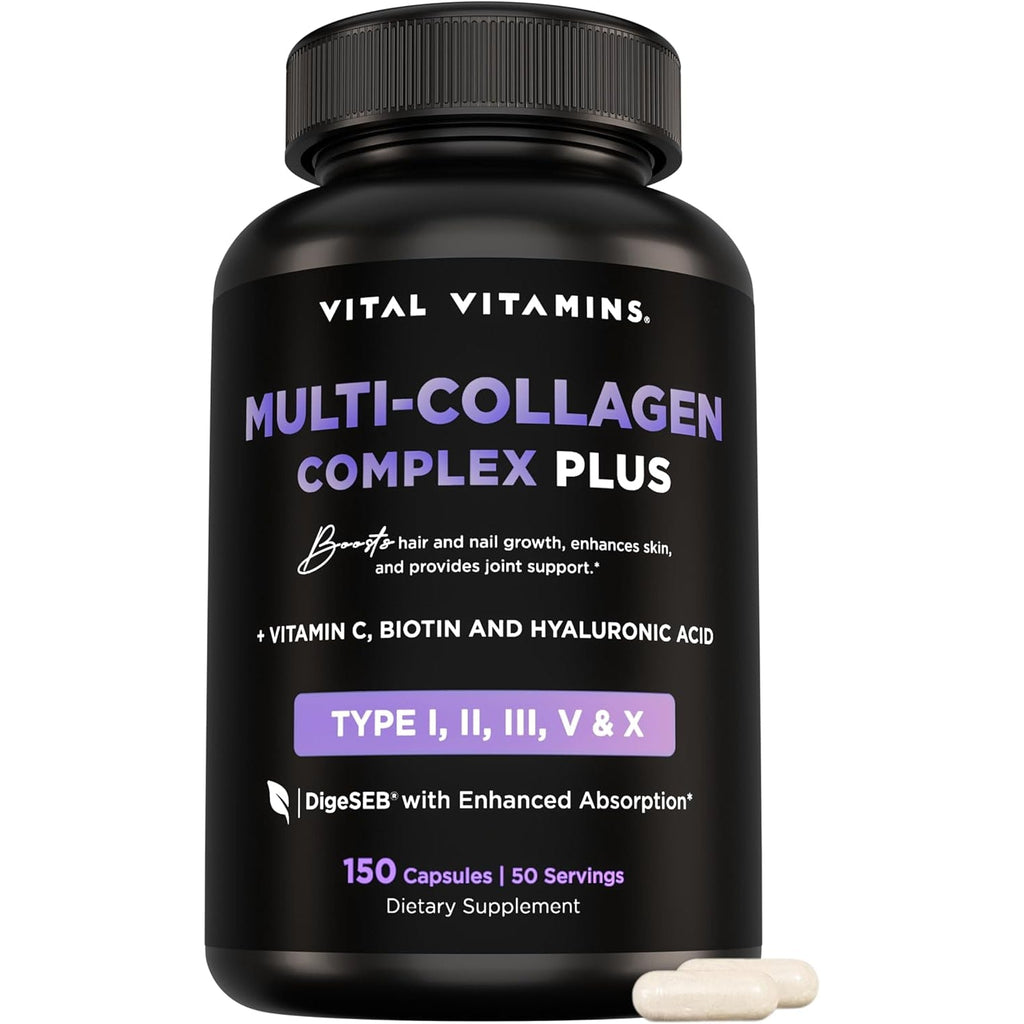 Vital Vitamins Multi Collagen Complex plus - with Biotin, Hyaluronic Acid, Vitamin C - Type I, II, III, V, X - for Women & Men - Hair, Skin, Nails Beauty Complex - 150 Capsules