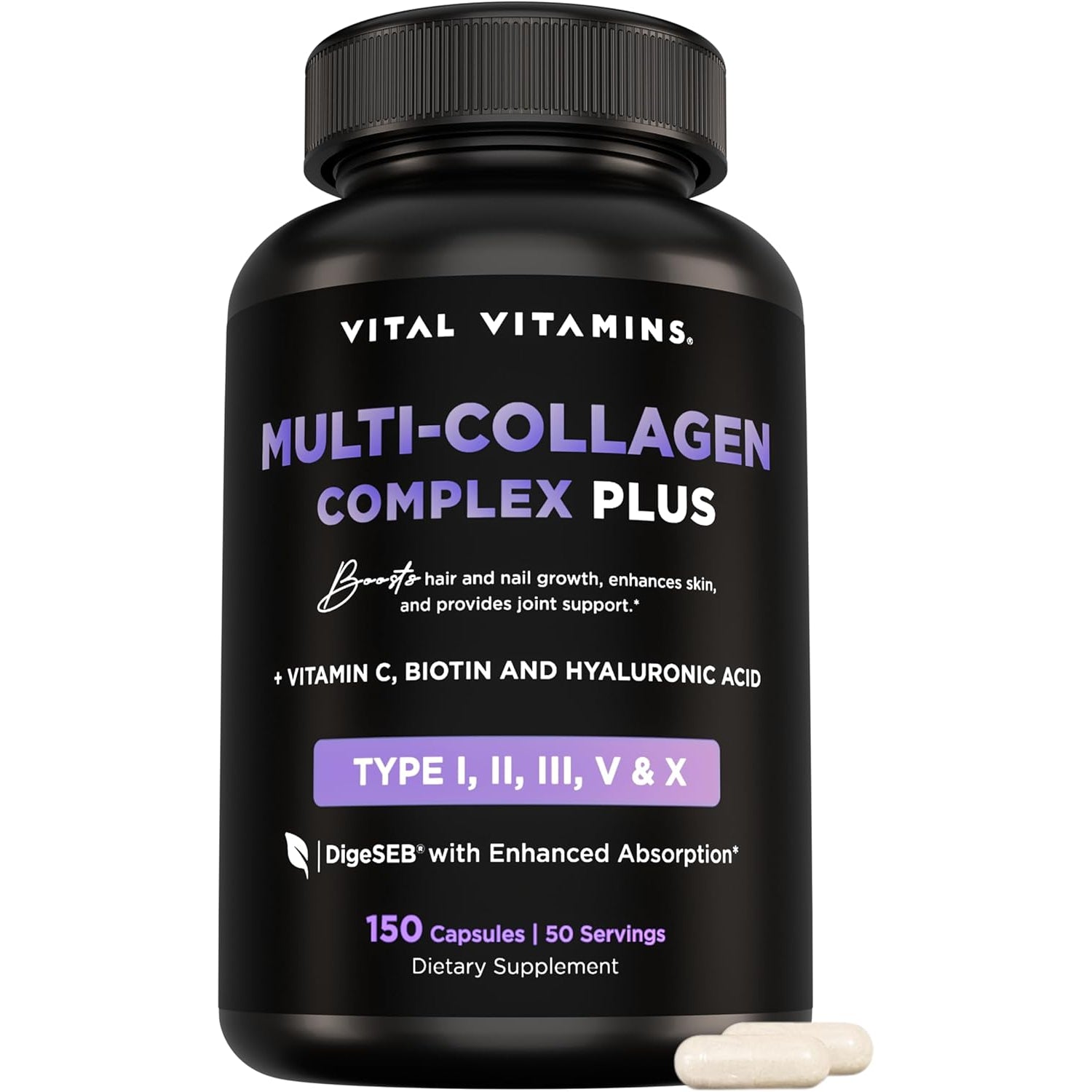 Vital Vitamins Multi Collagen Complex plus - with Biotin, Hyaluronic Acid, Vitamin C - Type I, II, III, V, X - for Women & Men - Hair, Skin, Nails Beauty Complex - 150 Capsules