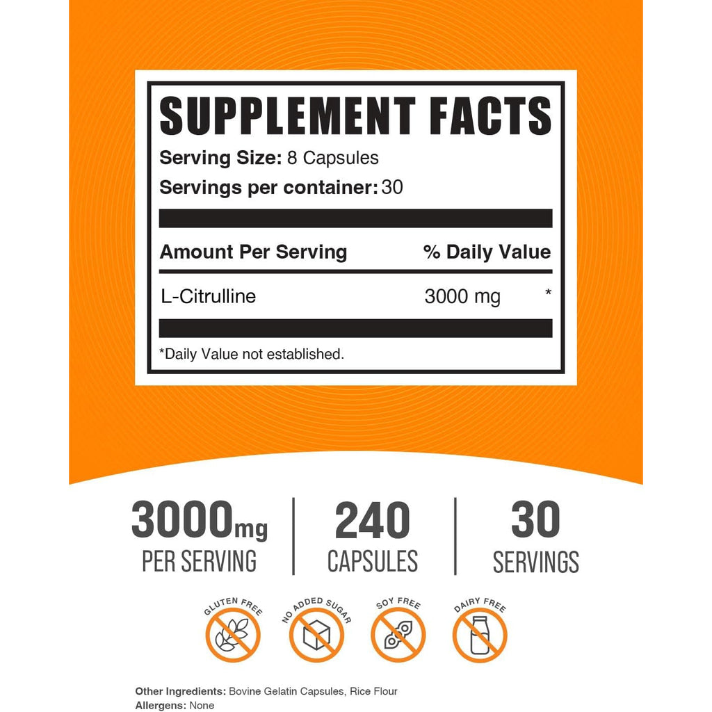 Bulksupplements.Com L-Citrulline Capsules - Citrulline Supplement, L-Citrulline 3000Mg Capsules - Citrulline Pills, Gluten Free - 8 Capsules per Serving, 240 Capsules (Pack of 1)
