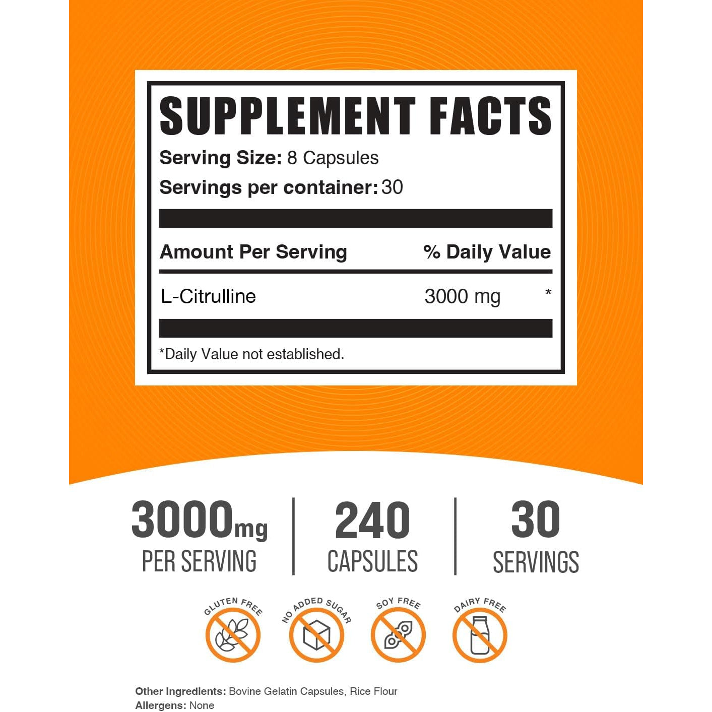 Bulksupplements.Com L-Citrulline Capsules - Citrulline Supplement, L-Citrulline 3000Mg Capsules - Citrulline Pills, Gluten Free - 8 Capsules per Serving, 240 Capsules (Pack of 1)