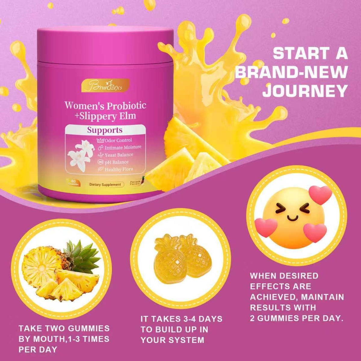 Her Juicy Feminine Probiotics Gummies for Women with Slippery Elm - Pineapple Flavor, Ph Balance & Immune Health Support - Digestive & Feminine Support - Vegan Supplement, 60 C