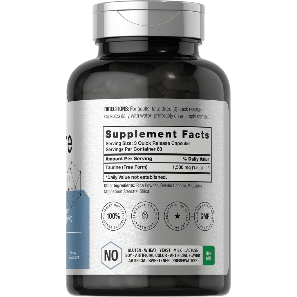 Horbäach Taurine 1500Mg | 180 Capsules | Amino Acid Supplement | Non-Gmo and Gluten Free