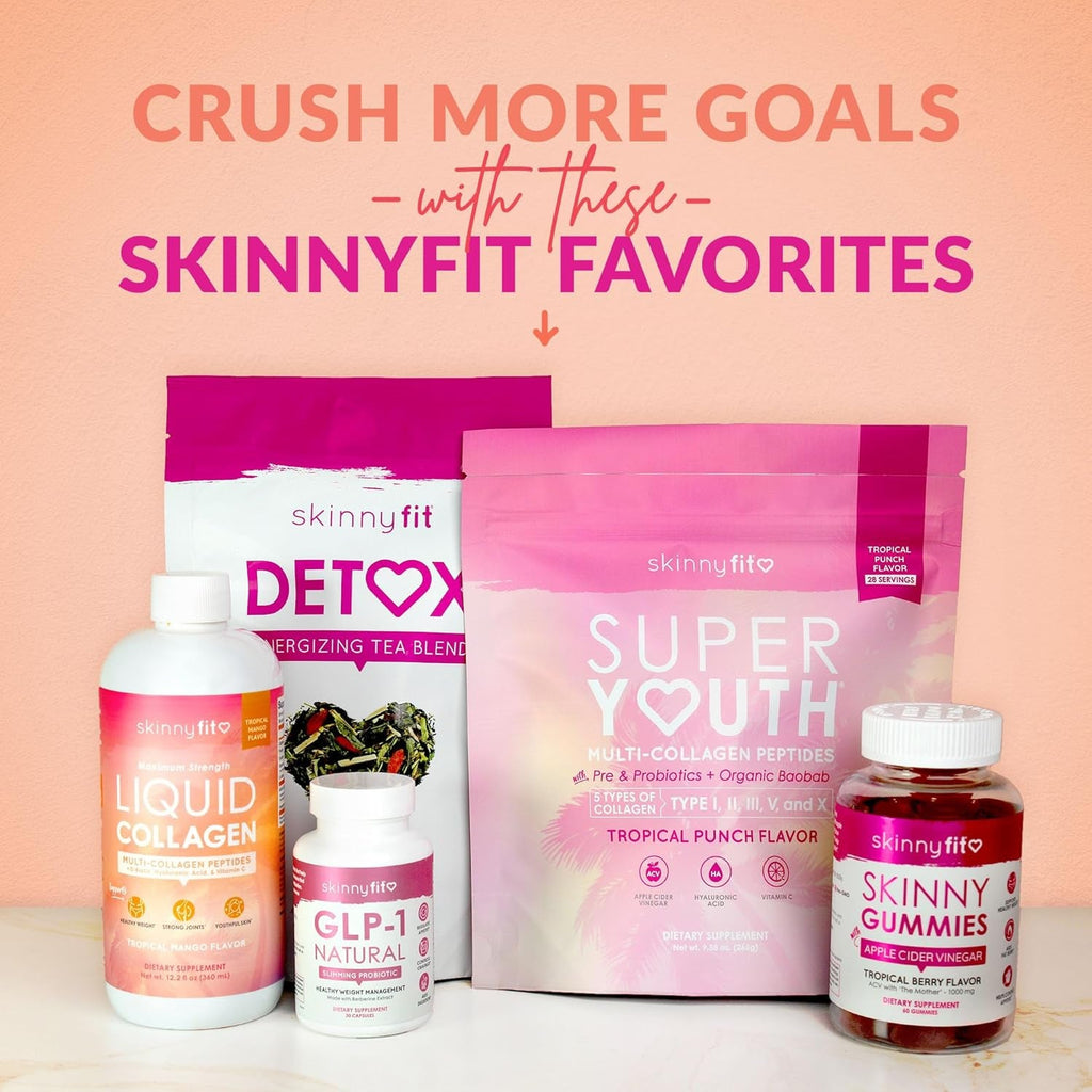 Skinnyfit - Super Youth Collagen for Women - Multi Collagen Peptides Powder - Probiotics, Fiber, Hyaluronic Acid - Non GMO, Gluten Free, Sugar Free - Beauty & Self Care - Tropical Punch (28 Servings)