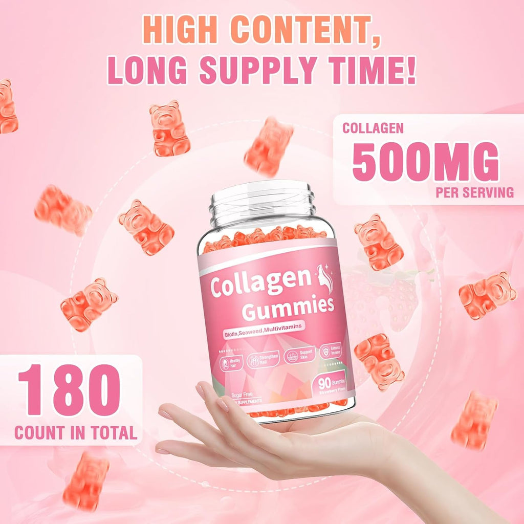 180 Count Collagen Gummies Collagen Protein Type I II III V X with Biotin Vitamin C a B D E Keratin Hyaluronic Acid for Hair Skin Nails Joint Immune Digestion Women Men Sugar Free Strawberry