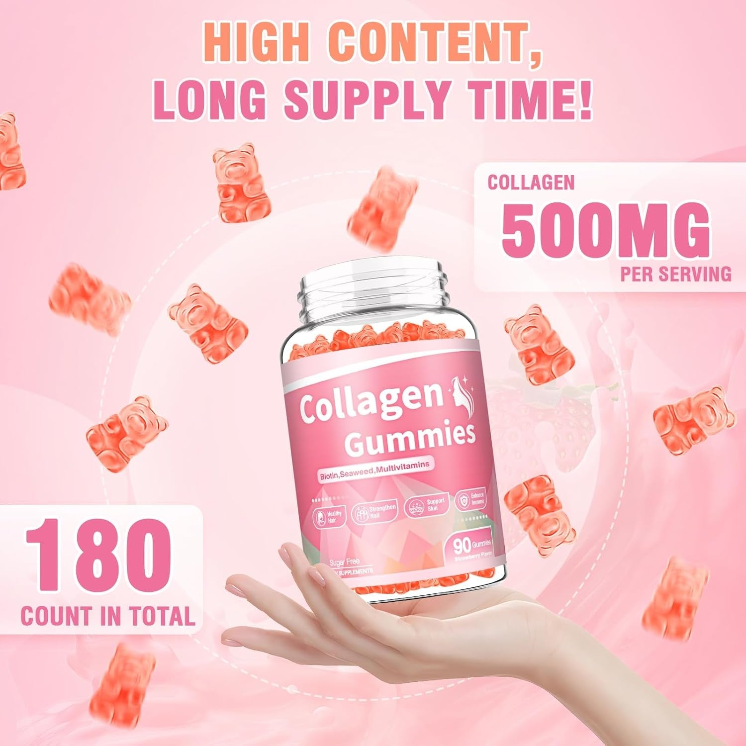180 Count Collagen Gummies Collagen Protein Type I II III V X with Biotin Vitamin C a B D E Keratin Hyaluronic Acid for Hair Skin Nails Joint Immune Digestion Women Men Sugar Free Strawberry