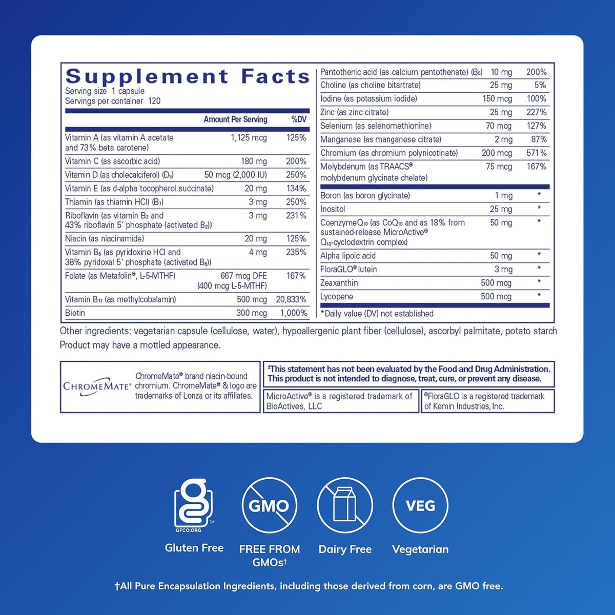 Pure Encapsulations O.N.E. Multivitamin - Once Daily Multivitamin with Antioxidant Complex Metafolin, Coq10, and Lutein to Support Vision, Cognitive Function, and Cellular Health* - 120 Capsules