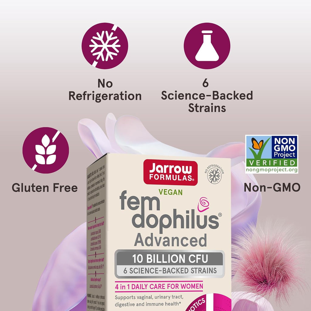 Jarrow Formulas Fem-Dophilus Advanced Vaginal & Digestive Probiotics 10 Billion CFU with 6 Science Backed Strains, for Vaginal, Urinary Tract, Digestive & Immune Support, 30 Capsules, Shelf-Stable
