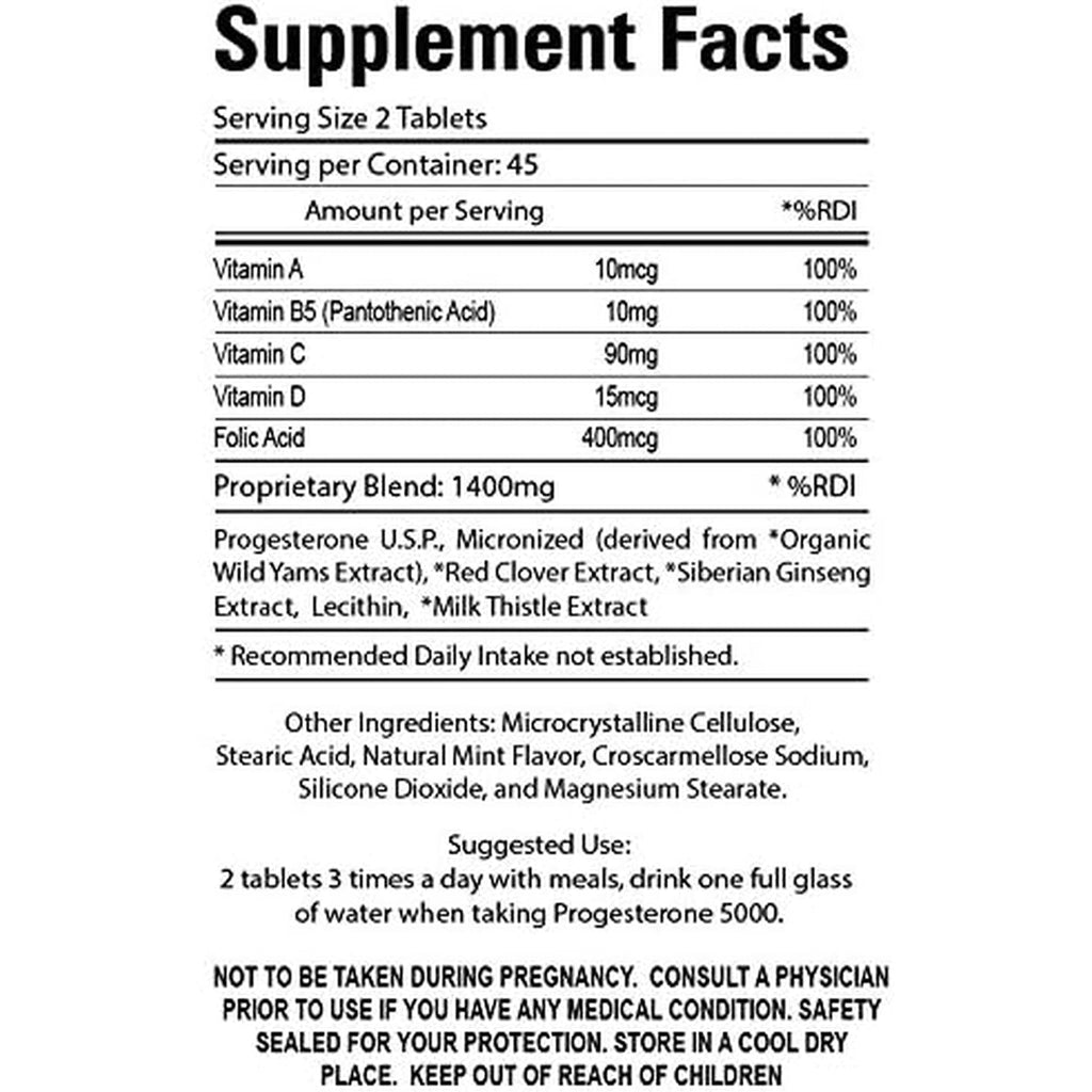 Organic Farm Vitamins Progesterone 5000 - Body Glandular System Dietary Supplement, 100% Natural Progesterone Pills - Formula to Balance Hormones - Progesterone Supplement, 90 Tablets