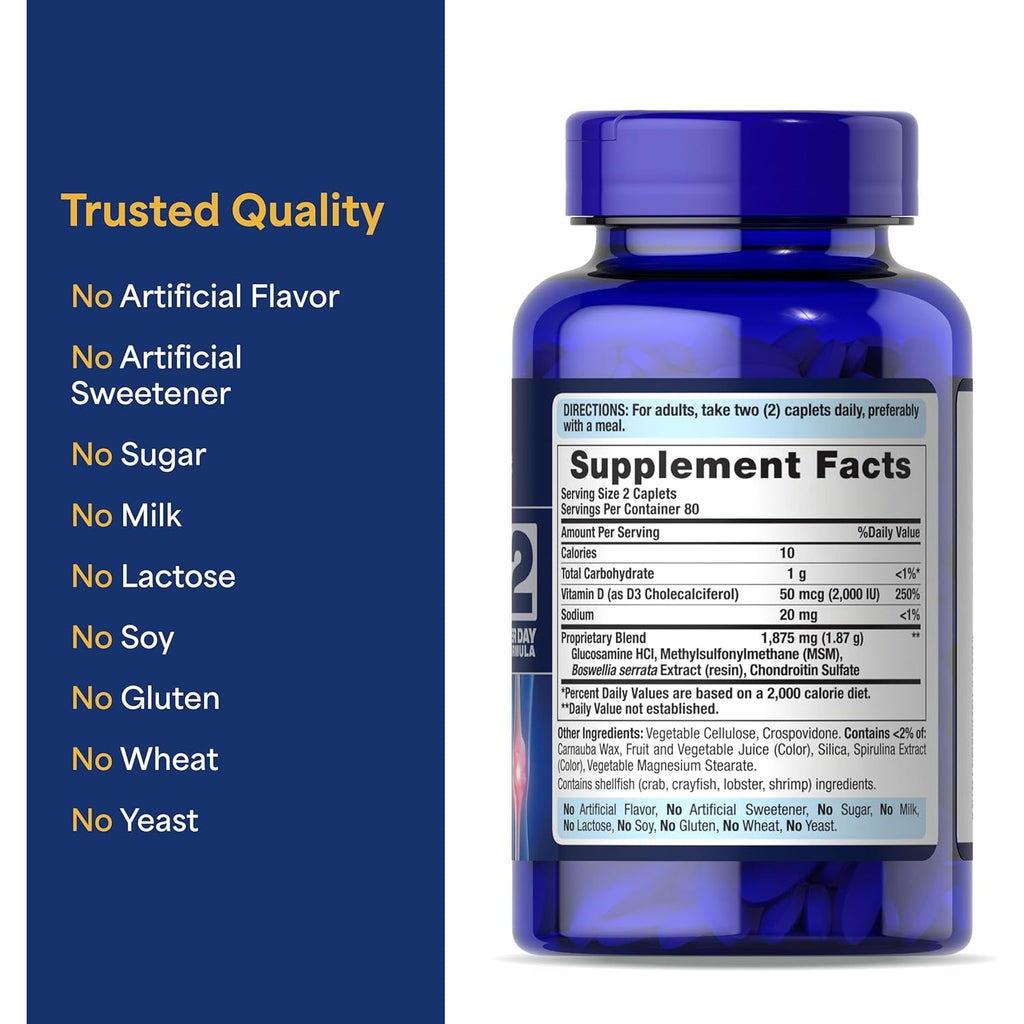 Puritan'S Pride Advanced Glucosamine Chondroitin MSM with Vitamin D3 50Mcg (2000 IU), Dietary Supplement for Joint Health, 80 Servings, 160 Coated Tablets