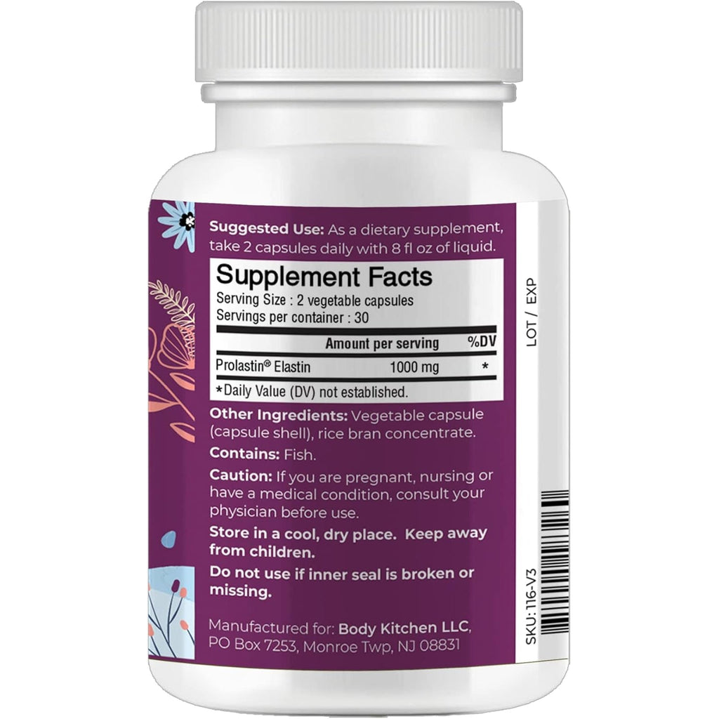 Body Kitchen Pro-Elastin, 1000 Mg Elastin Supplement, Help Reduce Signs of Aging, Improved Skin Health, Firmness & Elasticity, Fewer Wrinkles, Veggie Caps, (Pack of 1)