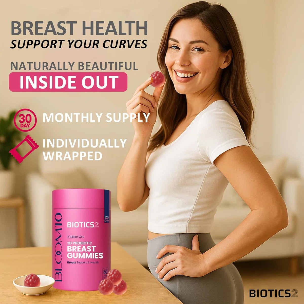 Bloom10 Breast Gummies for Women Bust Support & Health MAX Formula plus 2X Billion Probiotics 5X Herbal Supplements Fenugreek, Saw Palm, Wild Yam, 4X Vitamins for BBL Curves | Sugar-Free Vegan 60Ct