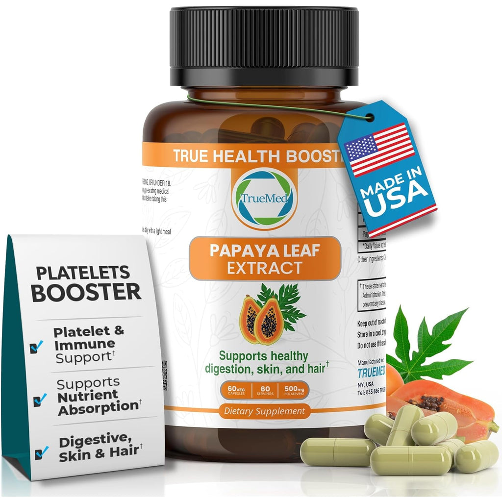 Papaya Leaf Extract 500 Mg for Hair, Skin with 4X Extra Strength Support Blood Platelet with 60 Capsules for 60 Days Supports Digestive Health & Natural Antioxidant