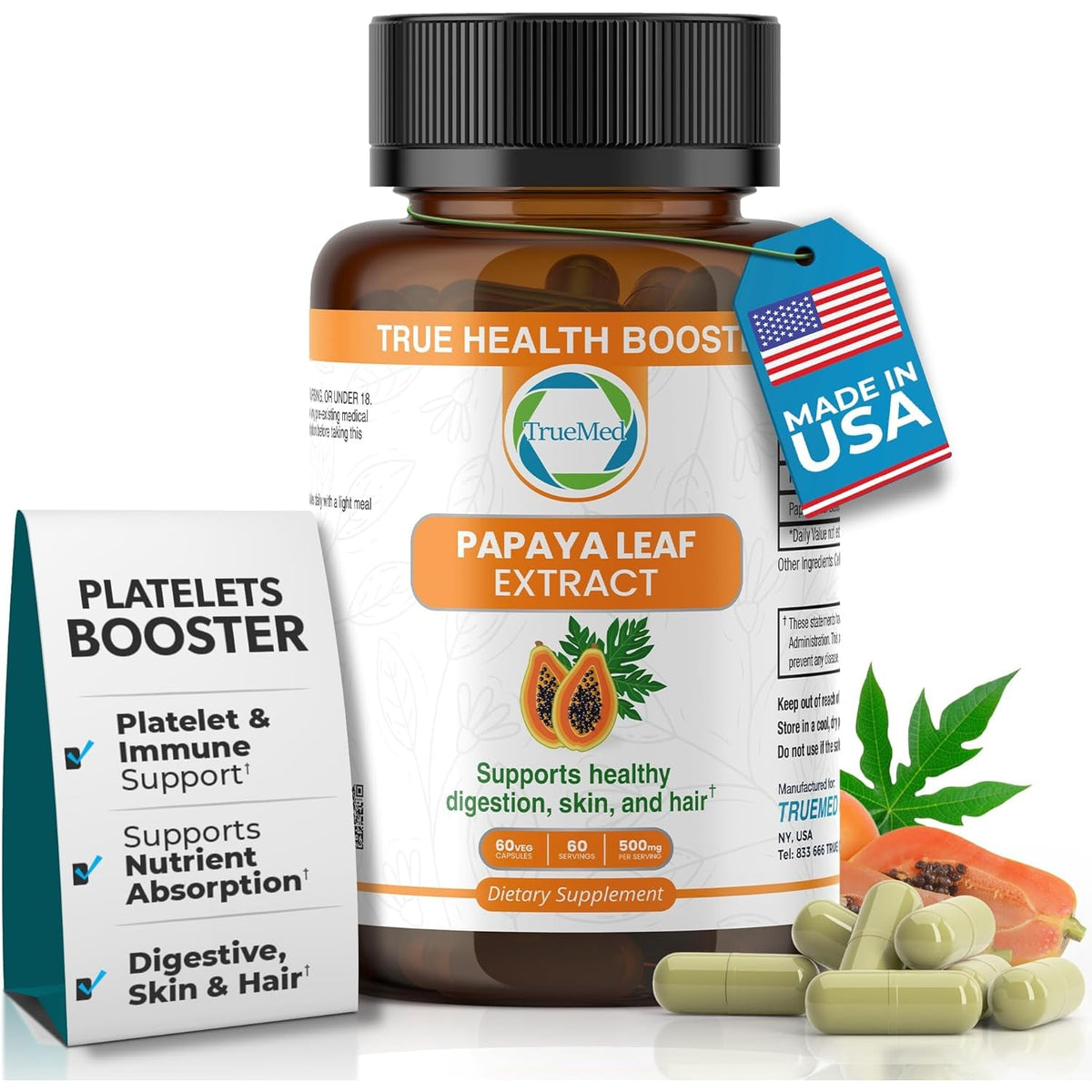 Papaya Leaf Extract 500 Mg for Hair, Skin with 4X Extra Strength Support Blood Platelet with 60 Capsules for 60 Days Supports Digestive Health & Natural Antioxidant