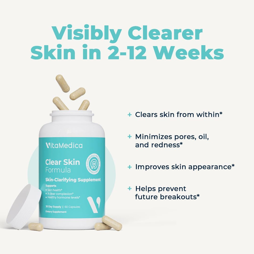Vitamedica Clear Skin Vitamin Formula | Noncystic Acne Supplement for Skin Clearing | Clear Complexion for Women and Men | Vitamins A, C, E, Selenium, Chromium, and Zinc for Skin Health | 60 Count