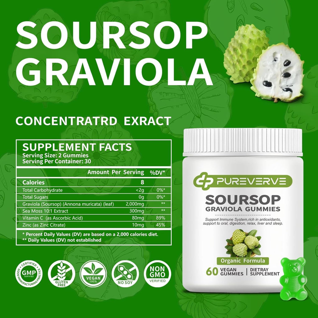 Soursop Graviola Gummies, Max Strength Soursop Leaves Extract with Sea Moss & Zinc for Cell Support & Regeneration, Immunity, Liver and Antioxidant, Sugar/Gluten Free, Vegan - 60 CT