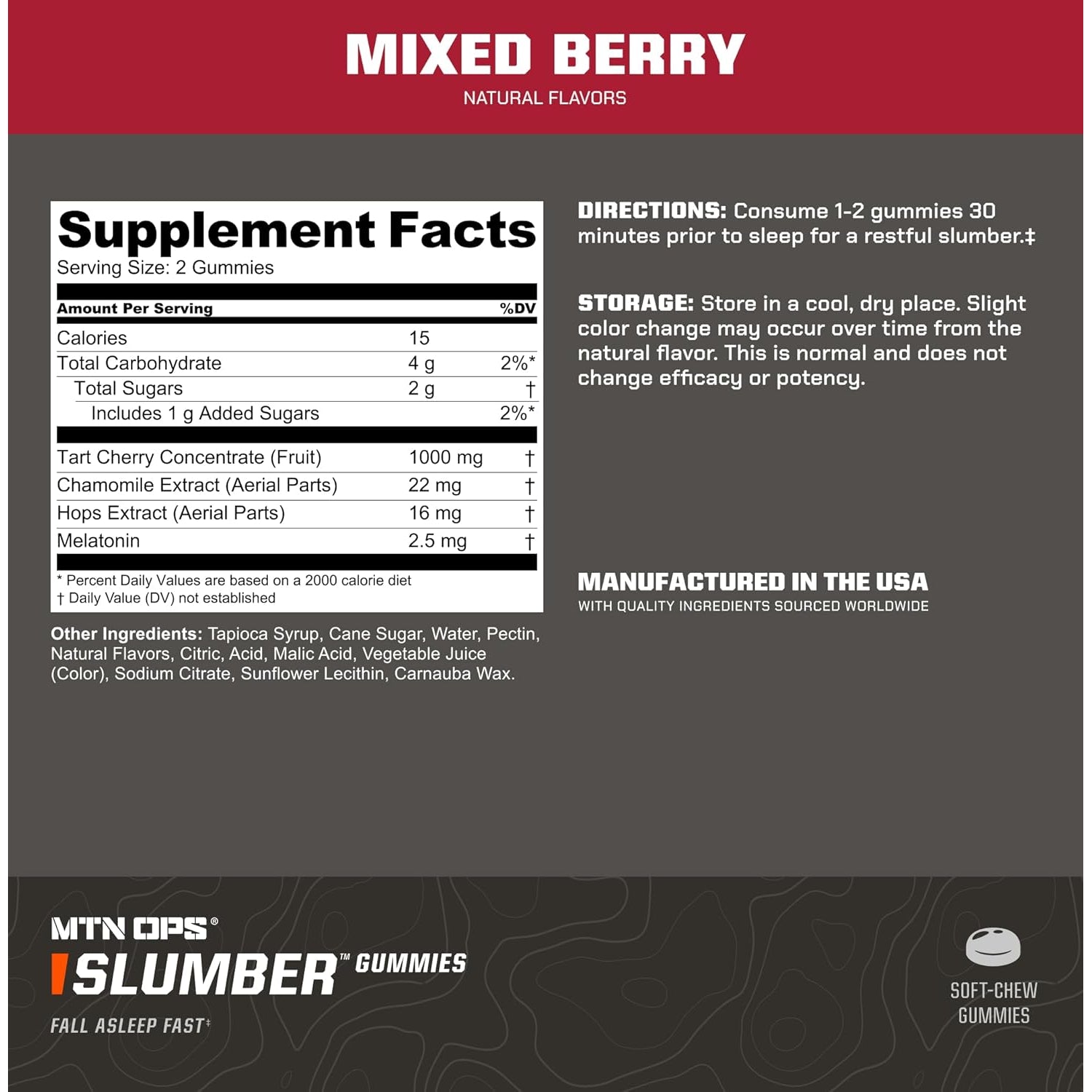 MTN OPS Melatonin Gummies for Sleep – Sleep Gummies with 2.5Mg Melatonin, Tart Cherry 1000Mg, Chamomile, Natural Flavors, Mixed Berry Flavor, 60 Servings