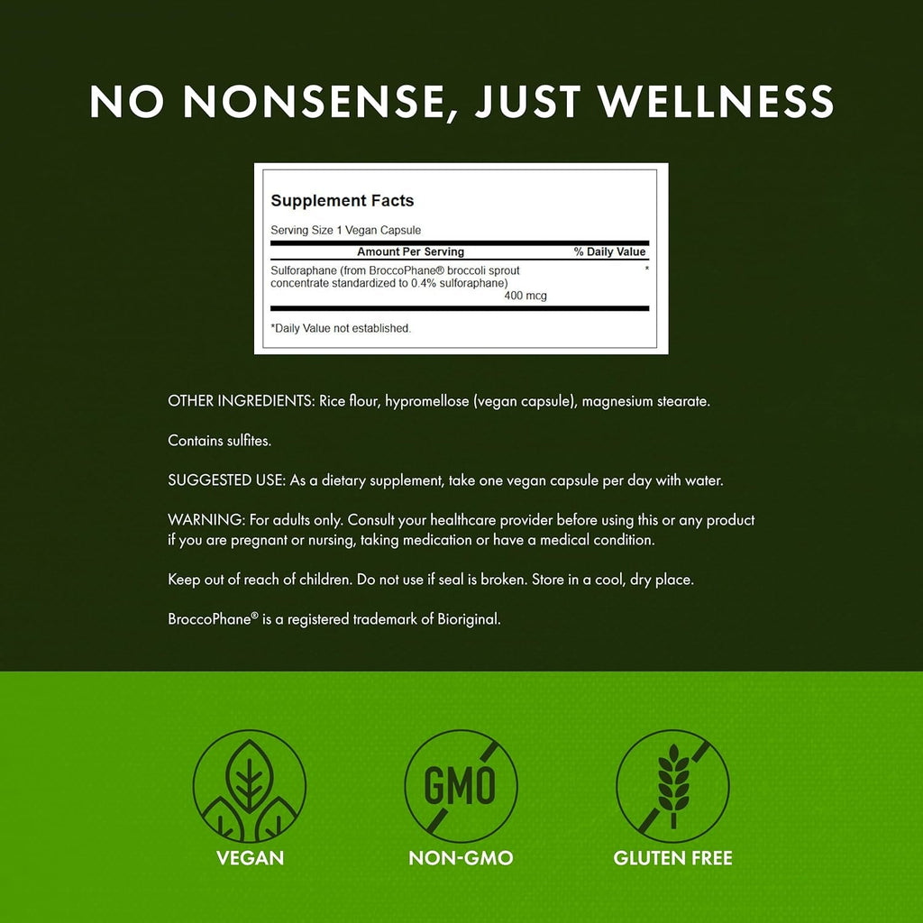 Swanson Sulforaphane Broccoli Sprout Extract for Adults Seeking Liver and Cellular Health Support - Standardized to 0.4% Sulforaphane (60 Vegan Capsules, 400 Mcg)