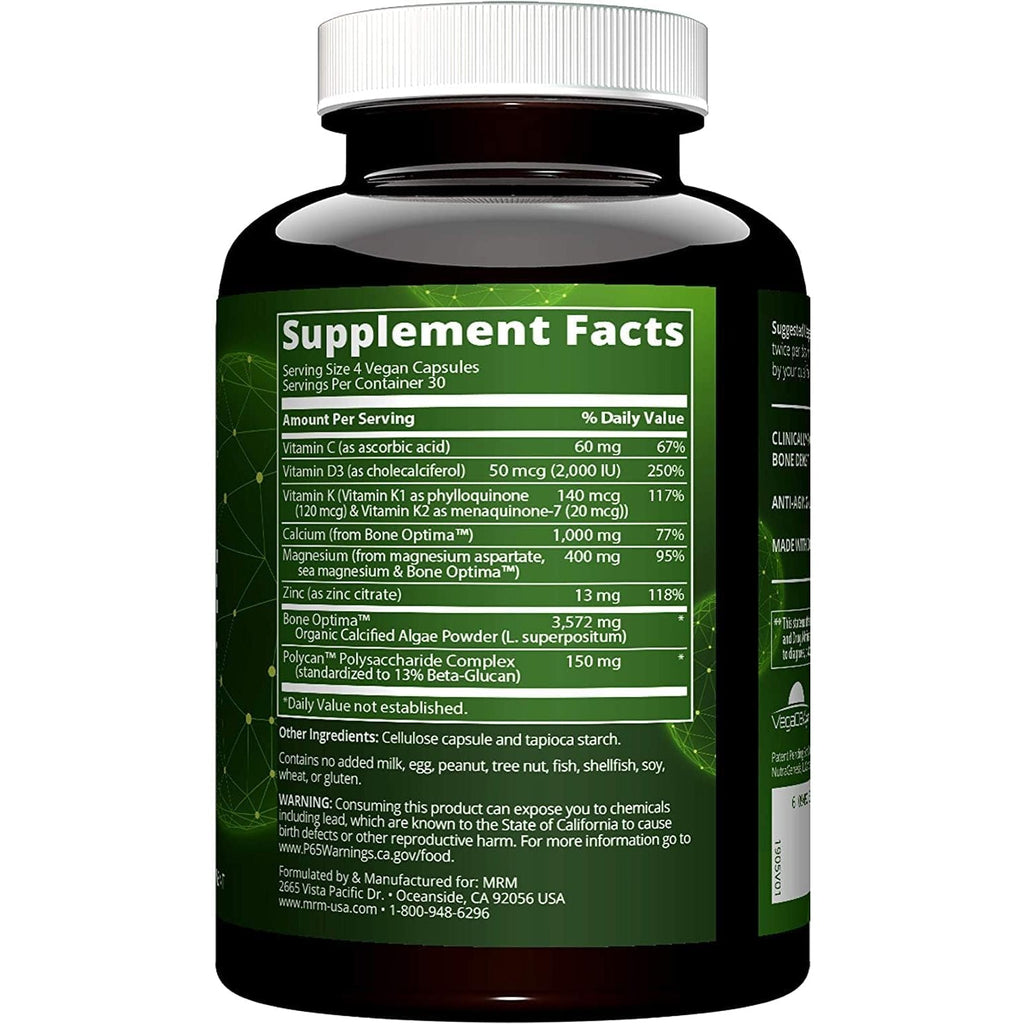 MRM Nutrition Vegan Bone Maximizer- for Women & Men - Calcium & Mineral Complex with Organic Calcified Algae, Vitamin D3, Vitamin K1 & K2, Magnesium, & Zinc for Healthy Bones, Supplement - 30 Servings