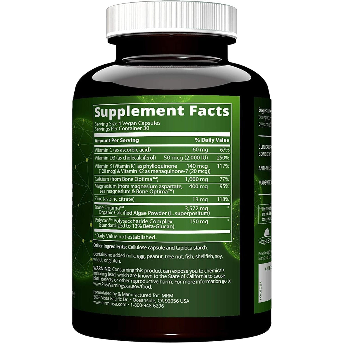 MRM Nutrition Vegan Bone Maximizer- for Women & Men - Calcium & Mineral Complex with Organic Calcified Algae, Vitamin D3, Vitamin K1 & K2, Magnesium, & Zinc for Healthy Bones, Supplement - 30 Servings