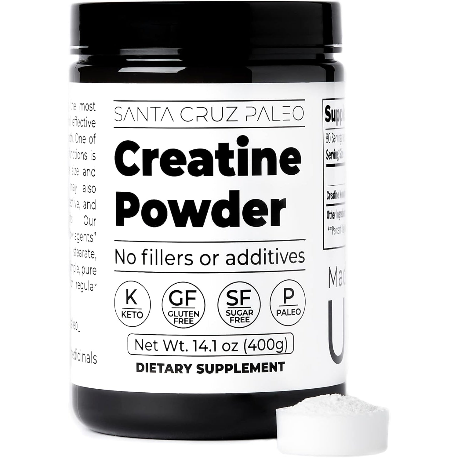 Santa Cruz Paleo, Creatine Monohydrate Powder Micronized, Unflavored Pre Workout and Muscle Support Supplement, Gluten Free Keto, Mix with Water or Shakes, No Fillers or Additives, 80 Servings, 400G