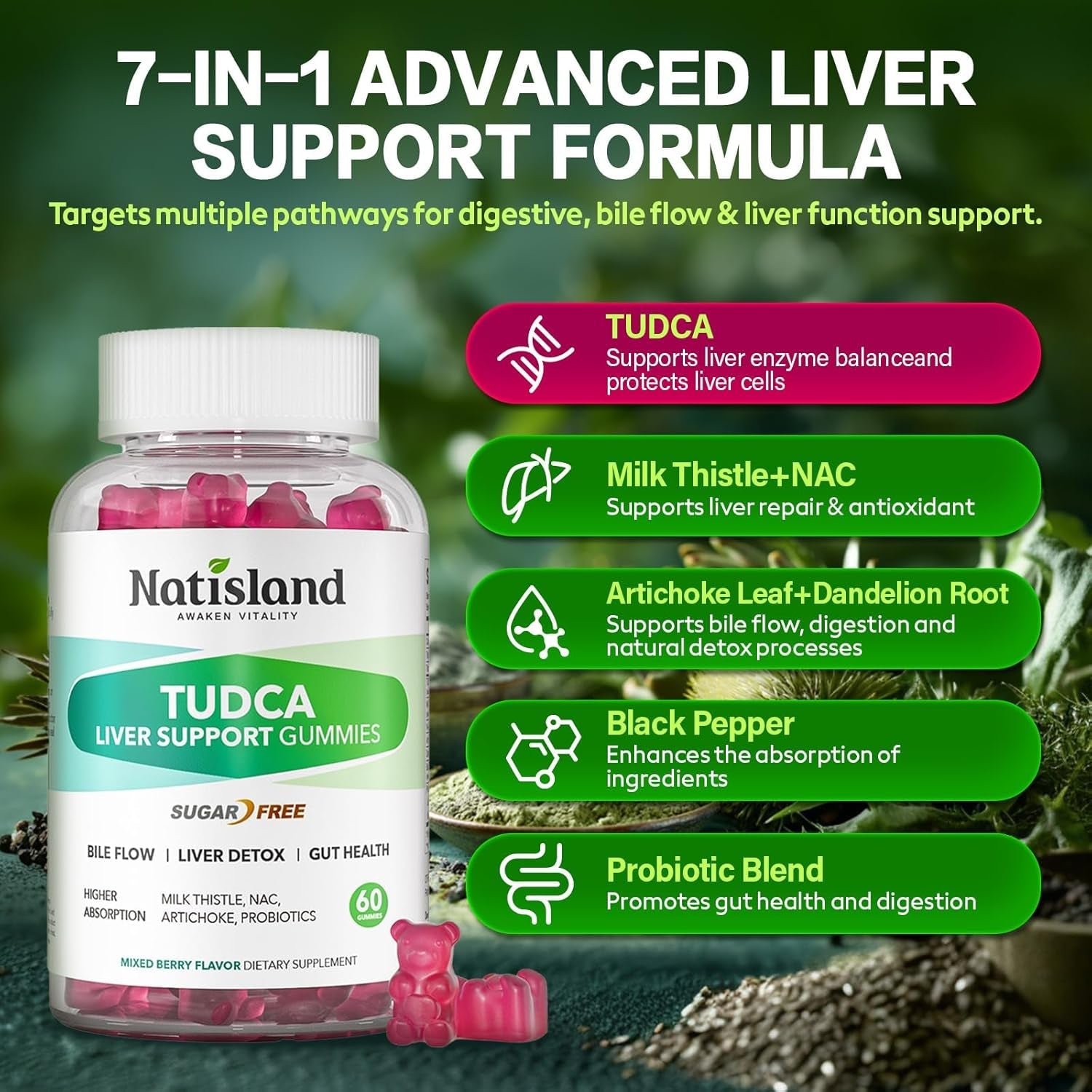 TUDCA 1000Mg Gummies, TUDCA Milk Thistle for Liver Support, with NAC, Artichoke Extract for Liver Cleanse Detox & Repair, Healthy Bile Flow & Digestion, Sugar Free Mixed Berry Flavor, 60 CT
