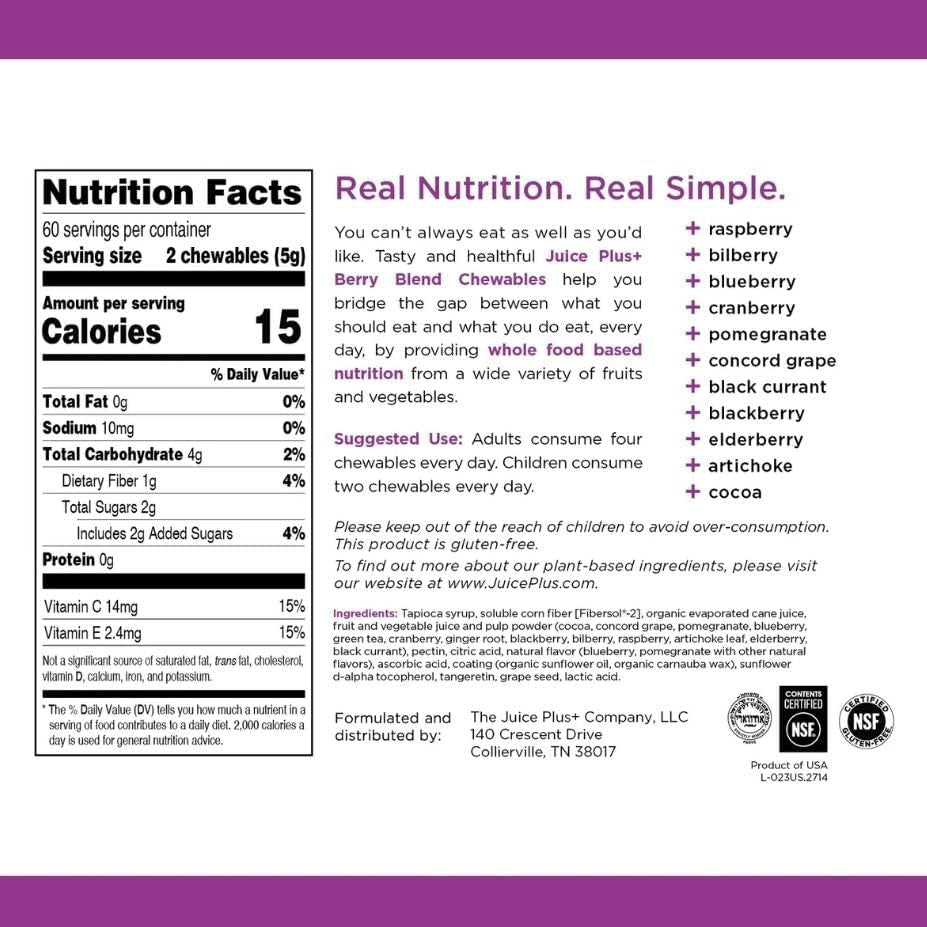 Juice Plus+ Fruit, Vegetable & Berry Blend Soft Chews (Chewables) - 30 Plant-Based Ingredients! Vegan Gummies for Kids & Adults - Gluten-Free, Non-Gmo, No HFCS - Prepacked 3 Pouches (30 Chews Each)