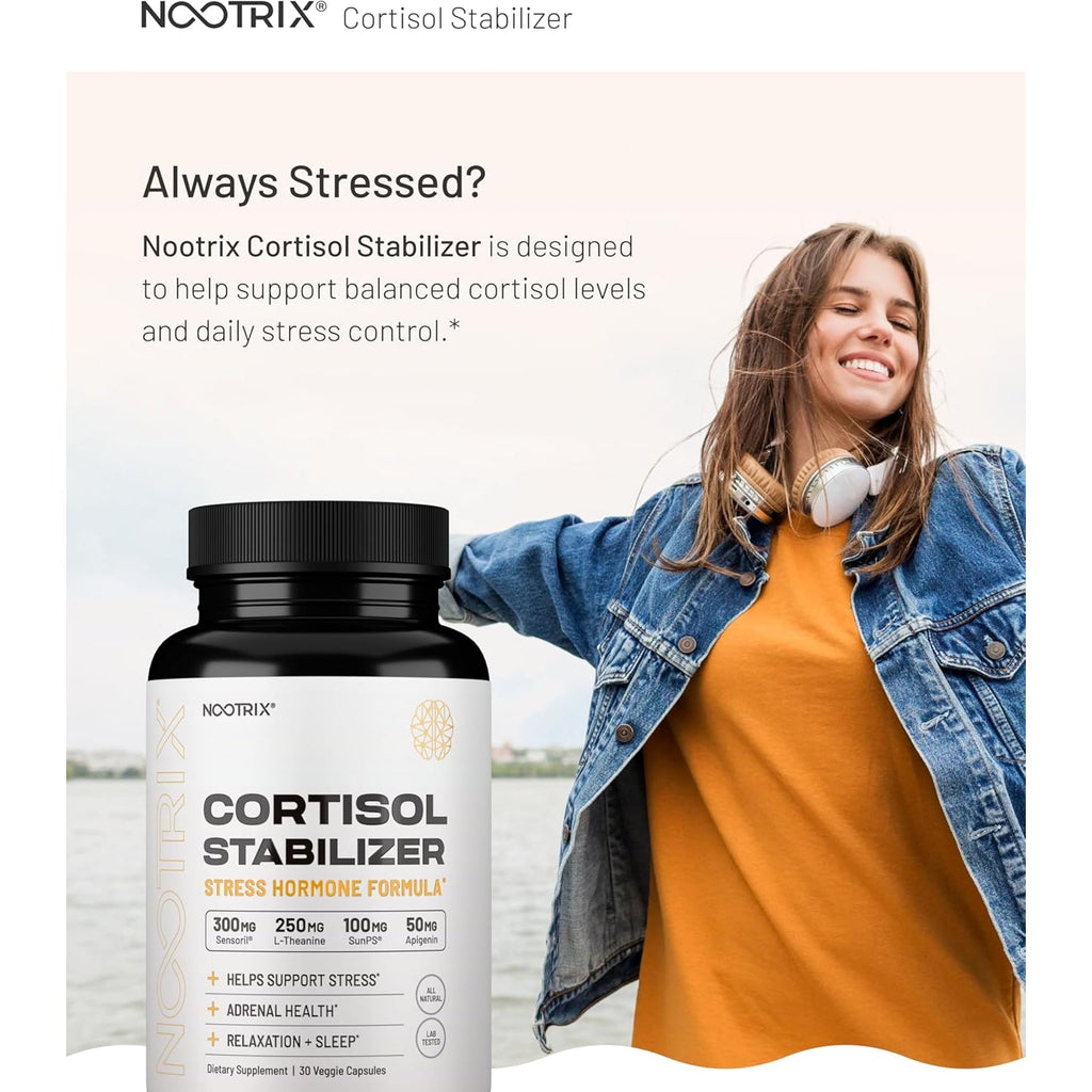 Nootrix Cortisol Manager & Stabilizer Supplement | Supports Deep Sleep, Relaxation, Adrenal Health & Stress | 300Mg Ashwagandha | L-Theanine, Rhodiola Rosea Extract & Apigenin | 90 Capsules