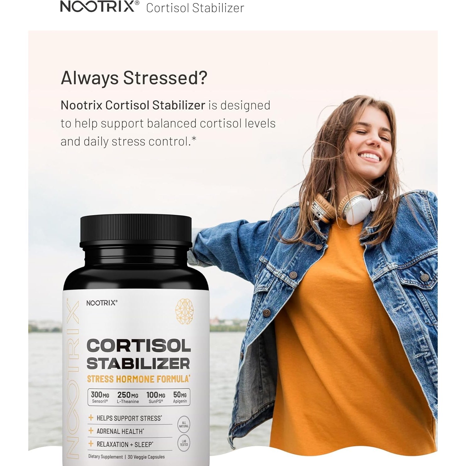 Nootrix Cortisol Manager & Stabilizer Supplement | Supports Deep Sleep, Relaxation, Adrenal Health & Stress | 300Mg Ashwagandha | L-Theanine, Rhodiola Rosea Extract & Apigenin | 90 Capsules