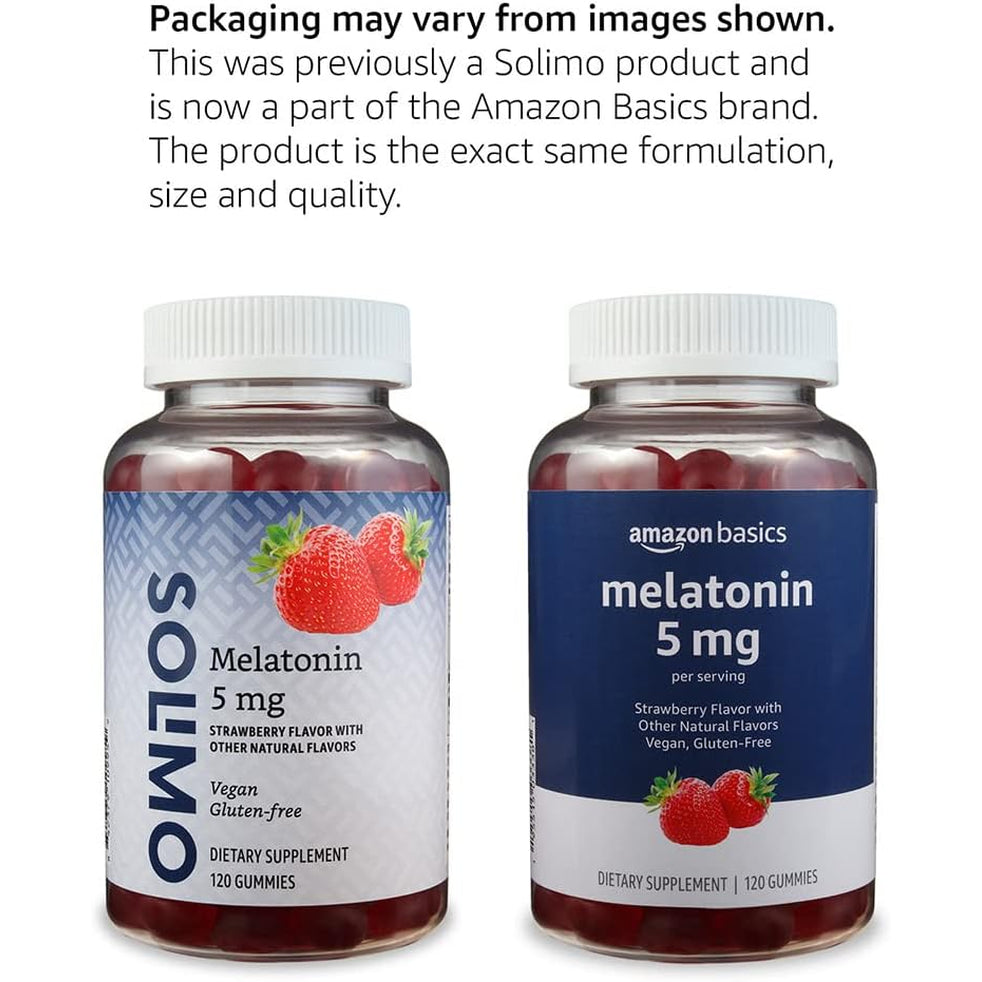 Amazon Basics Melatonin, Sleep Support Gummies, Strawberry Flavor, 5Mg, 120 Count (Previously Solimo)