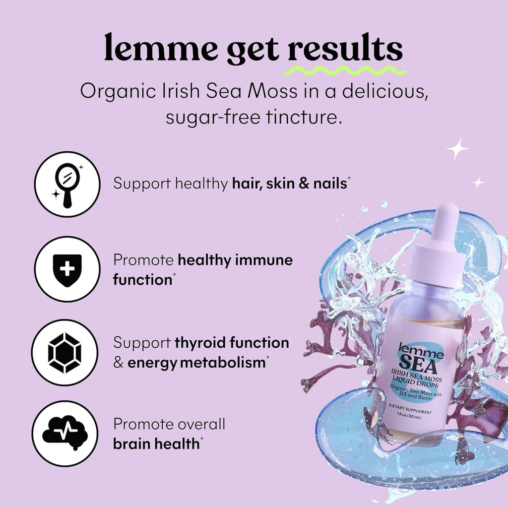 Lemme Irish Sea Moss Organic Liquid Drops with Vitamin D3 & Biotin, Thyroid, Immunity, Hair Skin & Nails & Brain Health Support, Trace Minerals, Sugar Free, 1 Oz, 30-Day Supply