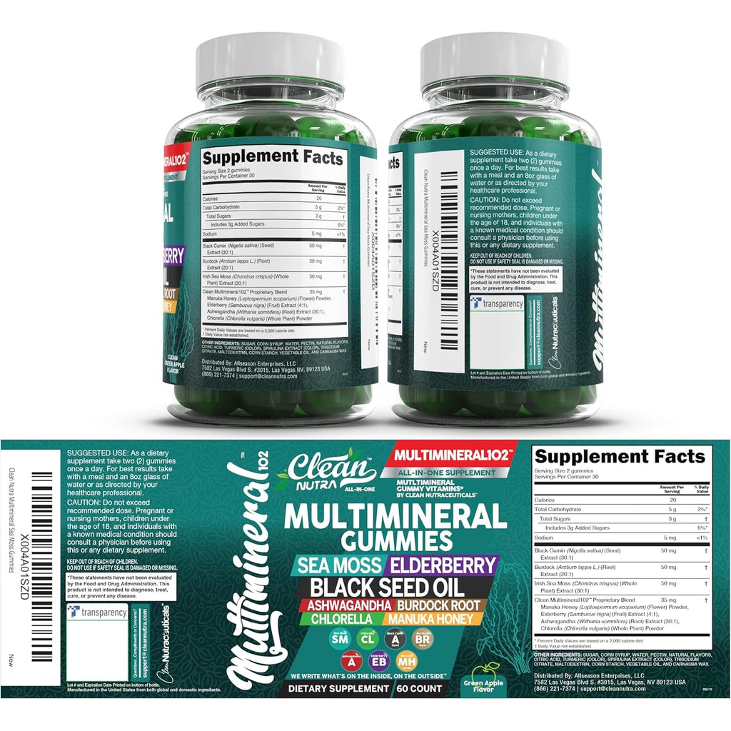 Sea Moss Gummies | Clinically Tested - Black Seed Oil Ashwagandha Elderberry Burdock Root Chlorella Manuka Honey - Vegan Irish Sea Moss Gummy Vitamins for Adults Kids Men Women - Green Apple Flavor