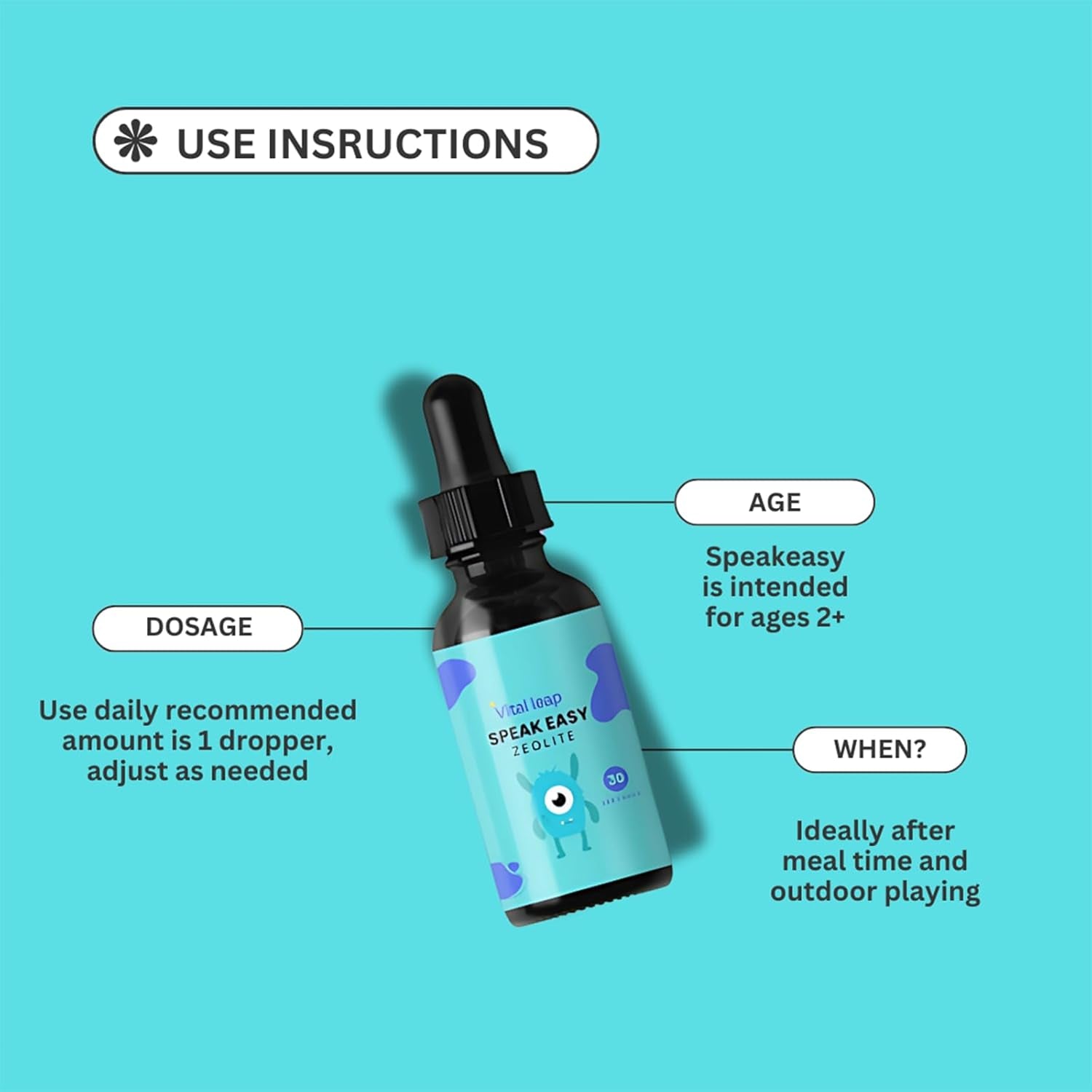 Vitalleap Speak Easy Zeolite Drops for Kids, Liquid Nutritional Formula with Zeolite, Methyl B12 & Vitamin D3, Daily Wellness Support for Kids, Easy Liquid Dropper, Ages 3+, 30 Servings(1Pc)