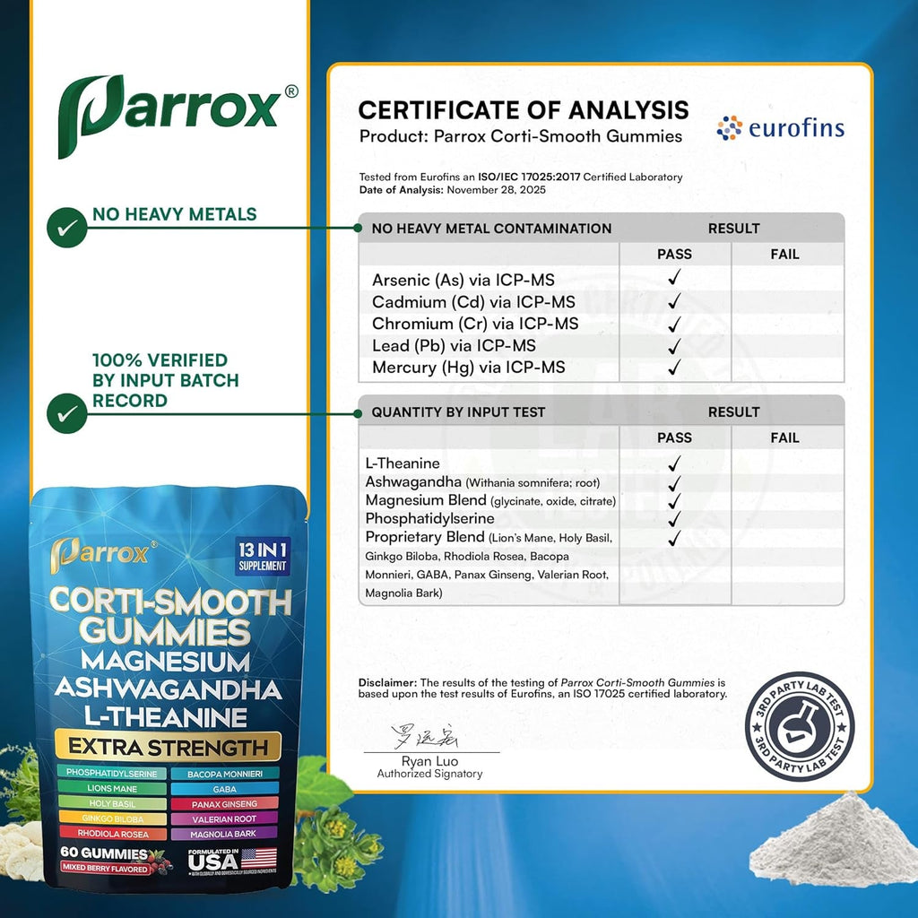 Corti-Smooth Cortisol Support Gummies with Magnesium, L-Theanine, Ashwagandha, Phosphatidylserine, Bacopa Monnieri, Lions Mane, Ginkgo Biloba, Valerian Root (60 Gummies - Mixed Berry Flavor)