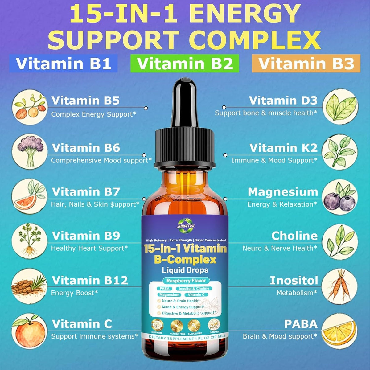 Advanced Vitamin B Complex Liquid Drops for Women Men & Kids, 15-In-1 VIT B Complex with Vitamin C B12 B6 B1 Niacin Folate for Brain Nerve Neuropathy Energy Mood Health, Sublingual B-Complex Drops