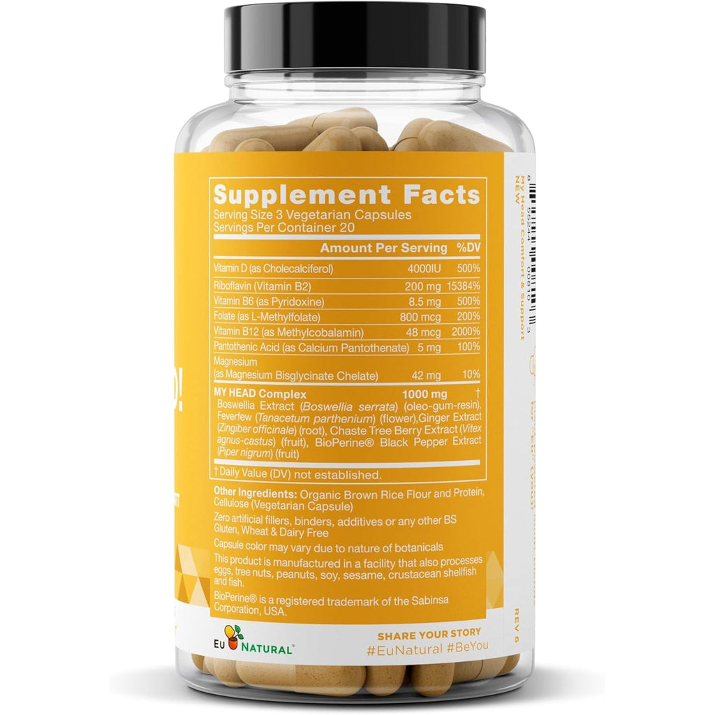 My Head! Headache Vitamins - Sensitivity, Tension, Comfort, Healthy Head Function for a Clear Mind - Fast Acting Magnesium, Feverfew, Boswellia, Vitamin D, Ginger, & More - 60 Soft Capsules