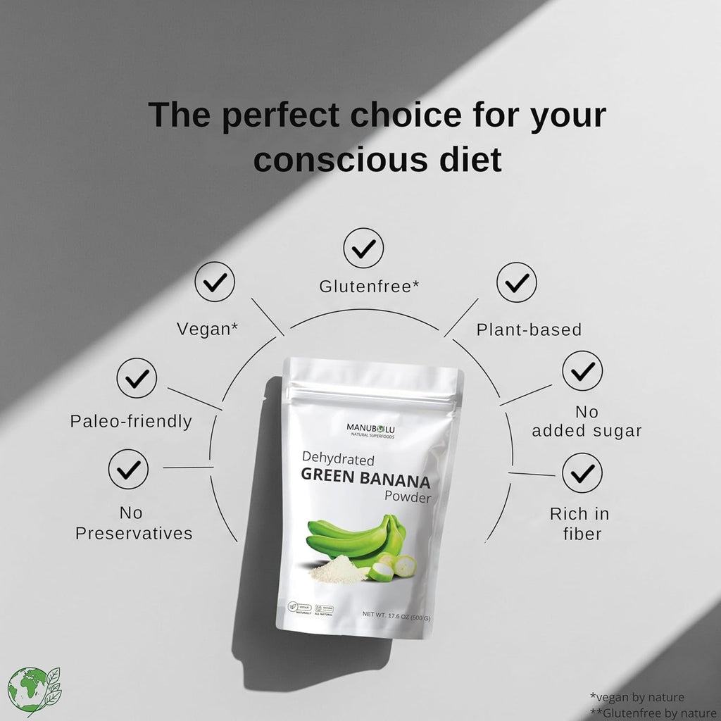 MANUBOLU Resistant Starch Green Banana Powder 1.1 Lb | Prebiotic Fiber | 100% Natural, Sugar Free | Gluten Free, Paleo & Vegan Superfood | 500G