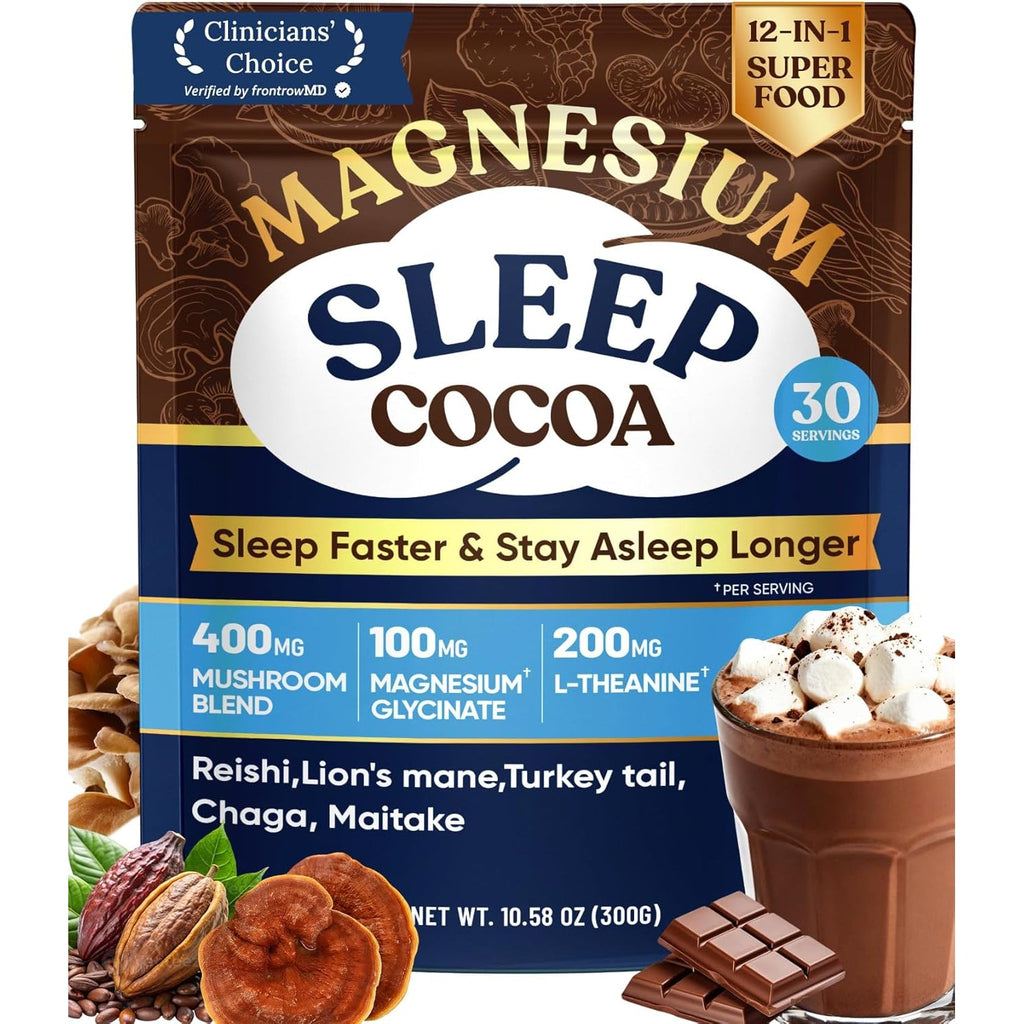 Mushroom Hot Cocoa Powder with Magnesium Glycinate, Natural Sleep Aid with Reishi & L-Theanine for Adults, 12 Superfoods, Melatonin 3Mg, Unsweetened Hot Chocolate Drink Mix for Sleep, 30 Servings