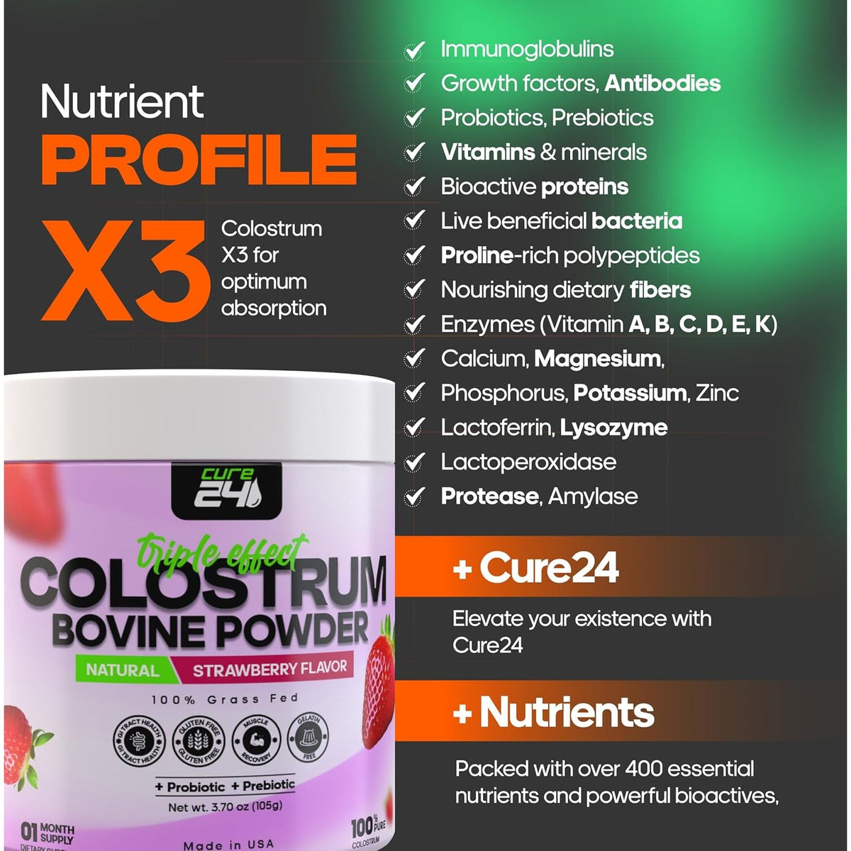 Bovine Colostrum X3 Supplement Powder for Humans, 100% Pure Whole Natural Grass Fed Superfood, High Igg, plus Probiotic & Prebiotic, Unflavored, Made in USA (Strawberry)