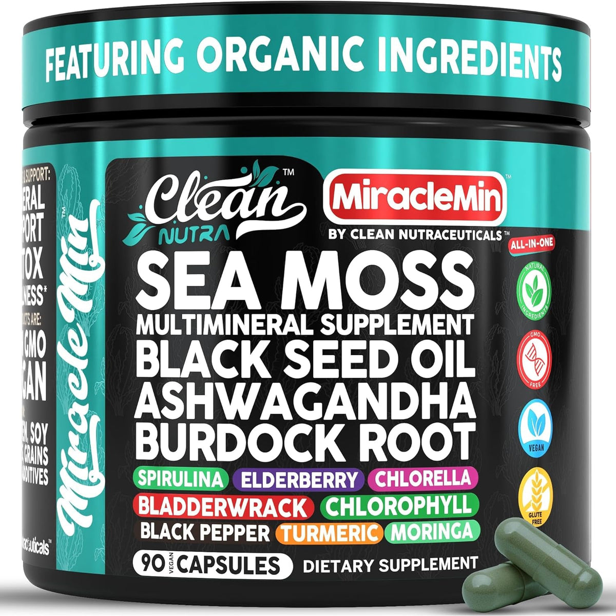 Clean Nutra Organic Sea Moss Capsules with Ashwagandha, Black Seed Oil, Burdock Root, Bladderwrack, Moringa, Chlorella, Spirulina, Turmeric, Elderberry, Amla � 90 Vegan Capsules � Miraclemin