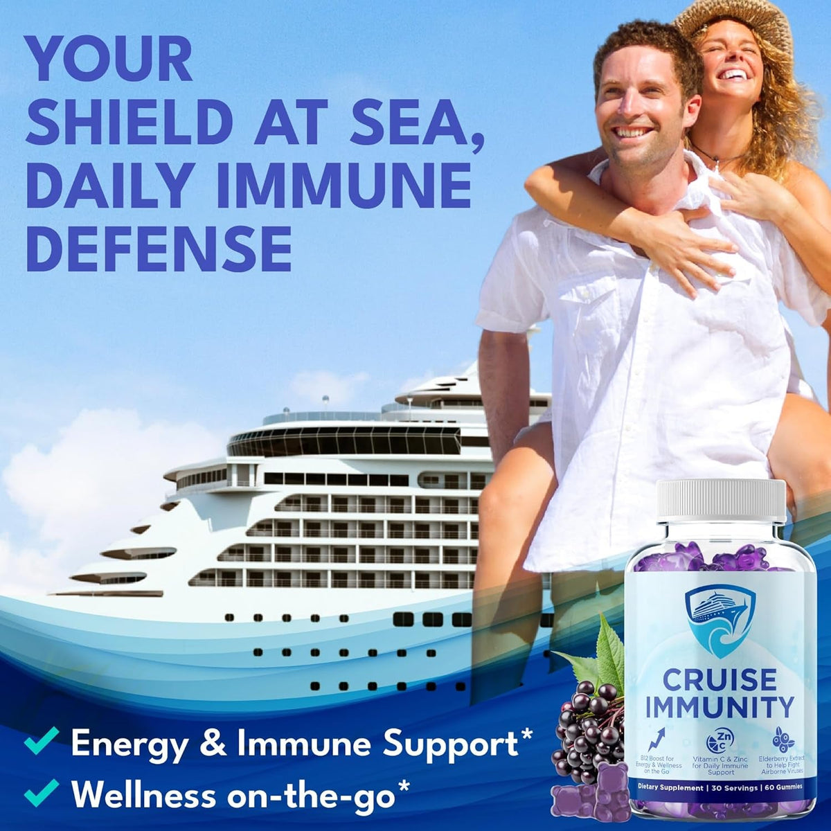 Immune Support Gummies for Cruisers with Vitamin C, B12, Zinc, Elderberry Extract, 60 Gummies, 30 Servings, Cruise and Travel Specific Wellness Supplement