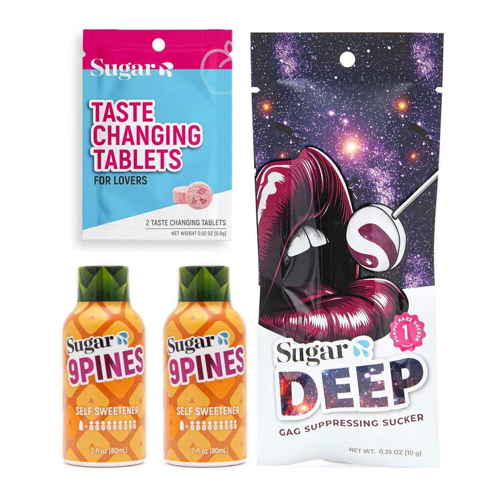 Sugar Splash Taste Sweeter down There - 2 Taste Changing Tablets, 2 9Pines Pineapple Shots & 1 DEEP Gag Suppressing Sucker Date Night Pack - Body Fluid Sweetener and Flavor Enhancer