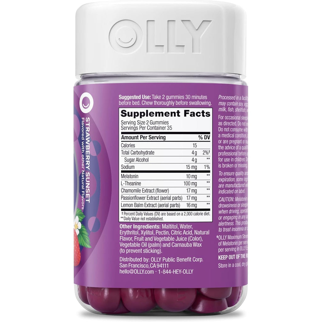 OLLY Max Strength Sleep Gummy, 10Mg Melatonin, L-Theanine, Chamomile, Lemon Balm, Sugar Free, Vegetarian Sleep Aid, Strawberry - 70 Count
