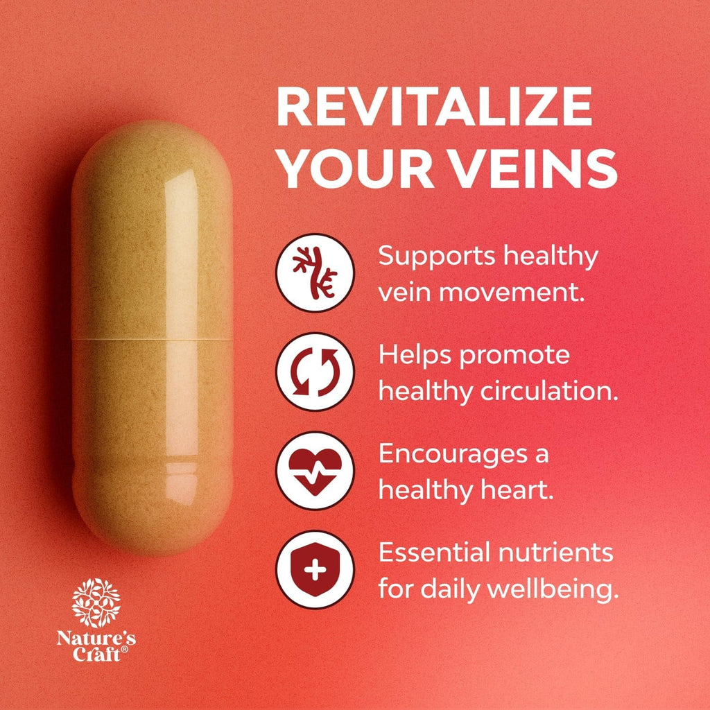Natures Craft Vein Support Supplement for Leg and Veins - Full Body Supplement for Spider & Varicose Veins and Improved Flow with Horse Chestnut Extract - Vegan Non-Gmo Capsules - 60 Count