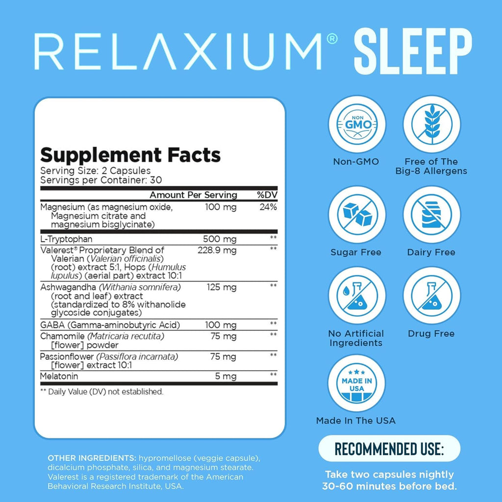 Relaxium Sleep Aid for Adults - Melatonin 5Mg with Magnesium Glycinate, Valerest & Ashwagandha - Non-Habit Forming Sleep Support for Falling Asleep & Staying Asleep (30-Day Supply)