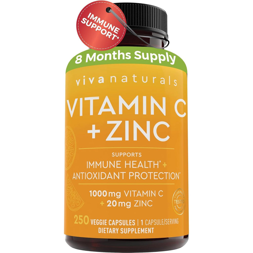 Viva Naturals 1000 Mg Vitamin C and Zinc 20 Mg Supplement - Proprietary Blend of Ascorbic Acid Vitamin C with Rose Hips and Bioflavonoids for Immune Support -250 Veggie Capsules with 8 Months Supply